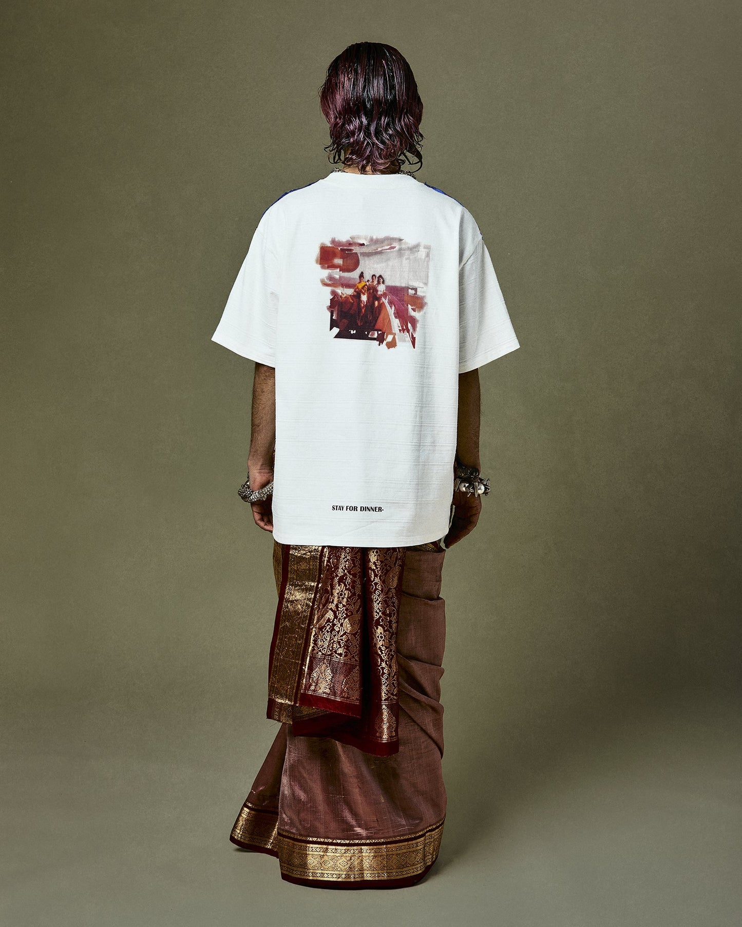 Quinto T-Shirt with an oversized silhouette, illustrating traditional narratives and contemporary stories with a 'Calabria-Sicilia' theme - fabricated with organic Tamil Nadu cotton and up-cycled Mumbai saree trimmings.