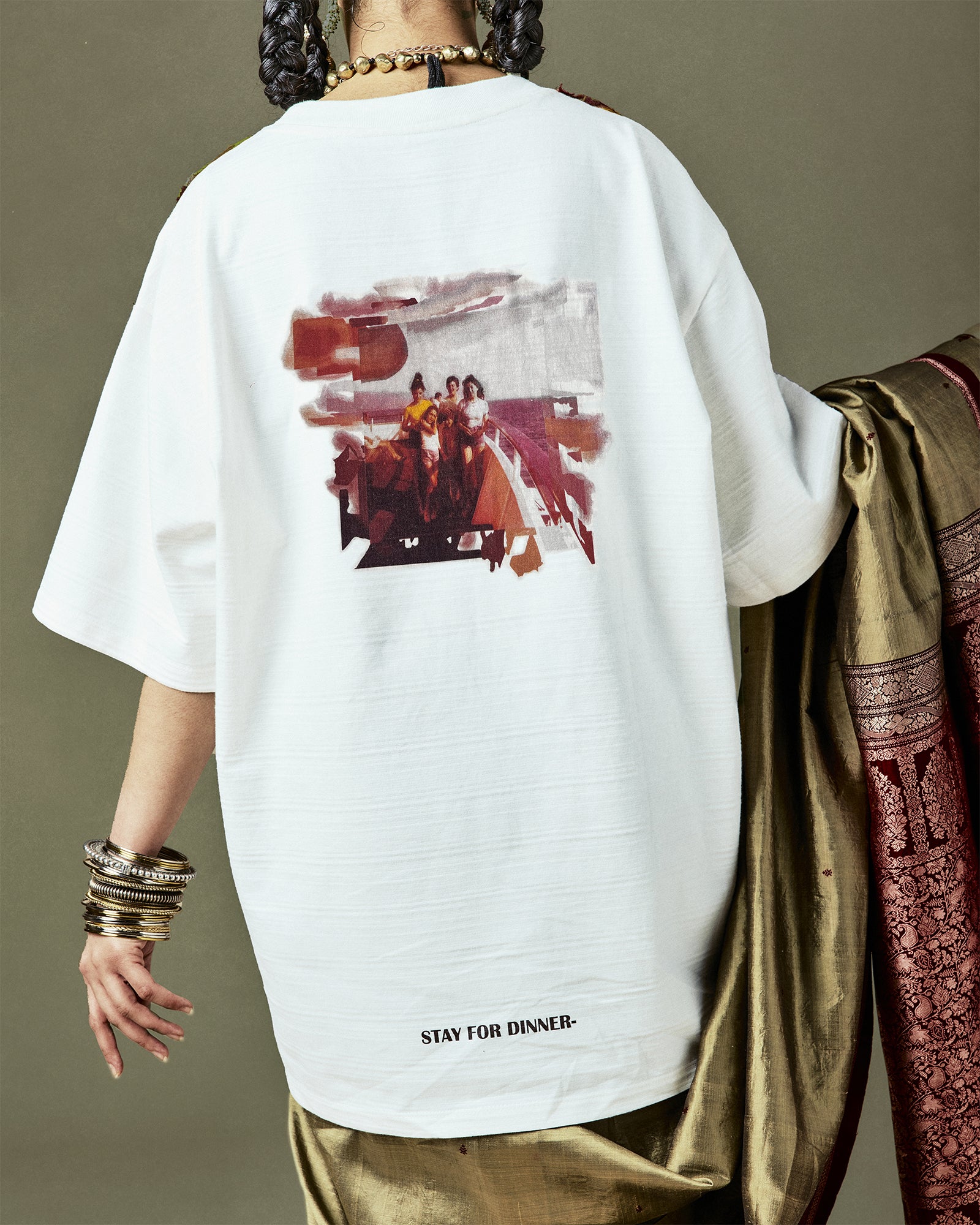 Oversized Quinto T-Shirt portraying traditions and new stories with a 'Calabria-Sicilia' theme - designed with organic Tamil Nadu cotton and up-cycled Mumbai saree trimmings.