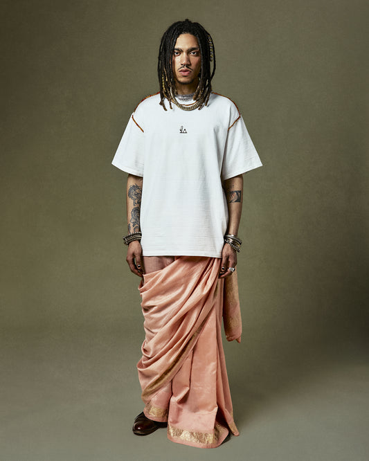 Exclusive Quinto T-Shirt embodying a 'Calabria-Sicilia' journey with vintage Mumbai sari and a ribbed crew neck - handcrafted by a fair-trade certified producer with organic Tamil Nadu cotton.