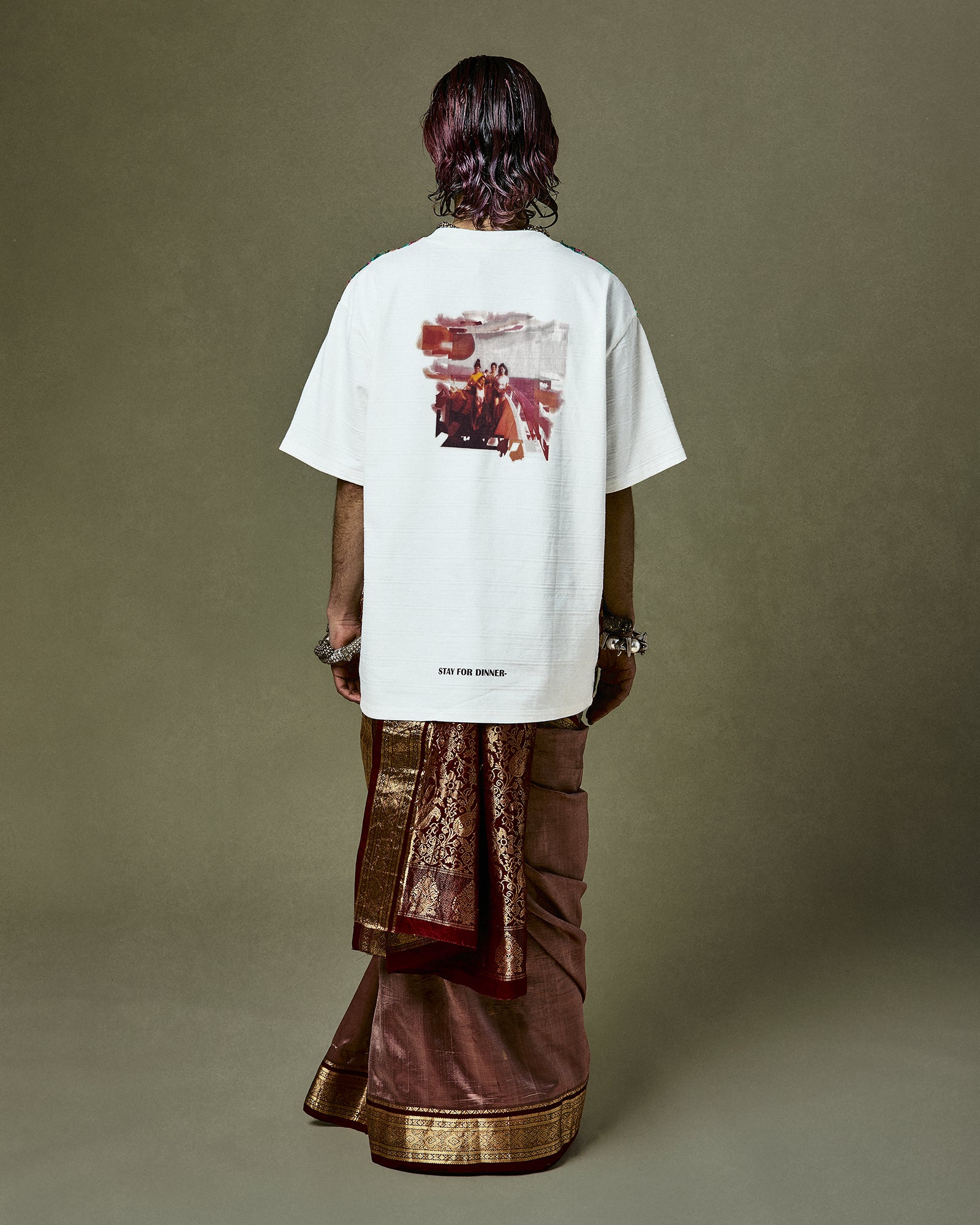 Unique Quinto T-Shirt with saree trimmings, blending the charm of 'Calabria-Sicilia' journey with the classic 1960s polaroid print - a celebration of sustainable fashion.